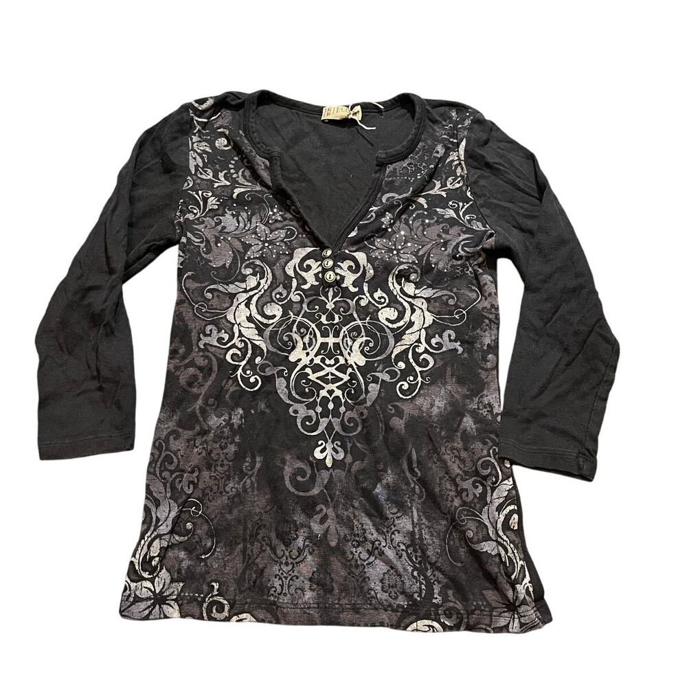 Blue Canyon 100% Cotton Y2K Grunge Embellished‎ Floral Graphic Brown Fitted Tee